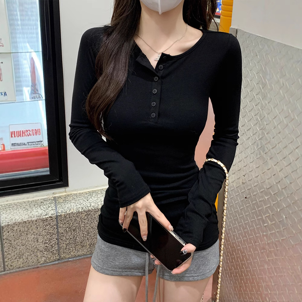 Hot-Girl Buttoned Slim-Fit Long Sleeve Tee (Women) - Image 5